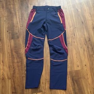 Navy and Burgundy Athletic Pants with Orange Accents